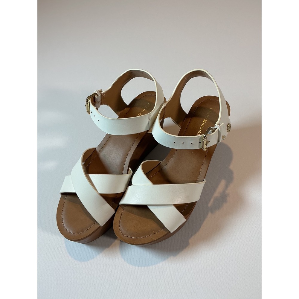 Tommy Hilfiger White Cross Strap Wedge Sandals Size 8